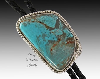 One of a Kind Turquoise Bolo Tie, Nevada Number 8 Mine Turquoise Designer Bolo Ties for Men & Women, Hamdmade Custom Wedding Bolo Tie