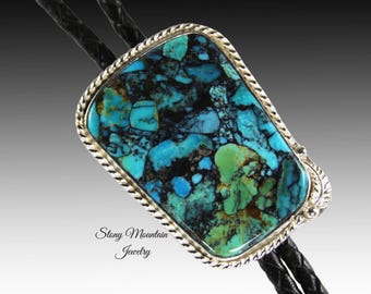 Mohave Blue Turquoise Bolo Tie, Custom Handcrafted Wedding Bolo Tie, Kingman Turquoise Matrix Stone Bolo Tie for Men or Women