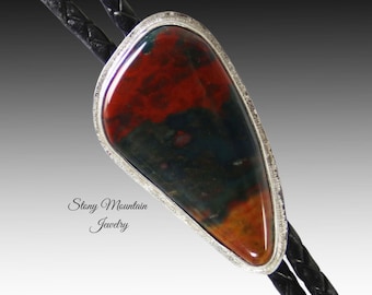 Unique Handcrafted Designer Bolo Tie, One of a Kind Bloodstone Bolo Tie for Men & Women, Custom Sterling Silver Wedding Bolo Tie