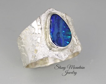 Australian Boulder Opal Ring, Handmade Genuine Australian Opal Ring, Unique Sterling Silver Natural Blue Opal Cocktail Ring