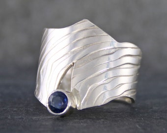 Genuine Sapphire Ring, Unique Blue Sapphire Sterling Silver Wide Band  Ring, September Birthstone