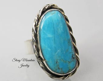 KingmanTurquoise Ring, Artistic Handmade Large Turquoise Ring, Modern Sterling Silver Wide Band Turquoise Cocktail Ring