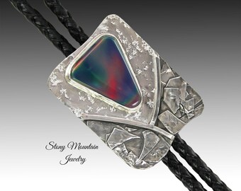 Sculptural Sterling Silver Bolo Tie, Modern Unique Aurora Opal  Wedding Bolo Tie, Fancy Custom Designer Bolo Ties, Fathers Day Gift