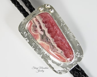 Wedding Bolo Tie, Unique Rhodochrosite Bolo Tie for Men or Women, Handmade Custom Bolo Tie, Modern Sterling Silver & Stone Bolo Tie