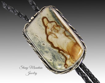 Designer Bolo Tie Picture Jasper Stone Bolo Tie for Men or Women, Unique Custom Wedding Bolo Tie, Handcrafted Sterling Silver Bolo Ties