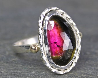 Watermelon Tourmaline Ring, Rose Cut Tourmaline Mixed Metal Ring, Pink and Green Tourmaline Cocktail Ring