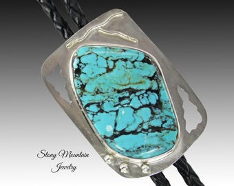Turquoise Bolo Tie, Unique Handcrafted Wedding Bolo Tie, Custom Sterling Silver Designer Bolo Tie for Men & Women, Western Bolo Tie
