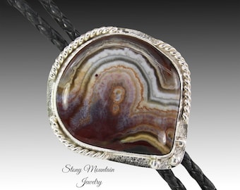 Agate Bolo Tie Custom Handcrafted Bolo Tie for Men or Women, Sterling Silver Wedding Bolo Tie, Crazy Lace Agate Bolo Tie, Western Gift