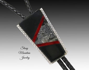 Native Silver Inlay Bolo Tie with Black Jade & Red Jasper, Custom Designer Wedding Bolo Ties for Men or Women, Unique Gift
