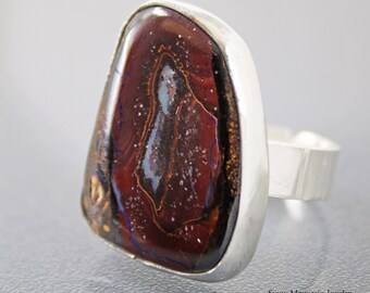 Australian Opal Ring, Unique Large Boulder Opal Ring, Adjustable Sterling Silver Opal Cocktail Ring, Modern Big Stone Ring