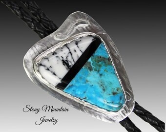 Turquoise Inlay Bolo Tie with Faux White Buffalo and Black Agate, Custom Wedding Bolo Ties for Men or Women, Unique Stone Designer Bolo Ties