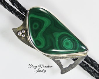 Designer Bolo Tie One of a Kind Handmade Malachite Bolo Tie, Unique Custom Wedding Bolo Tie, Sterling Silver Bolo Tie for Men or Women