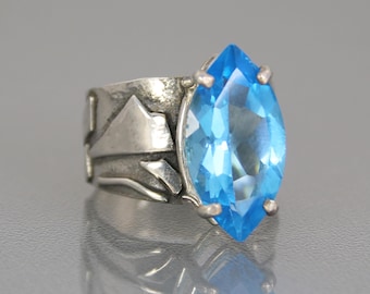 Blue Topaz Ring, Modern Sculptural 12ct Blue Topaz Designer Ring, Contemporary Handmade Anniversary Gift for Her, Unique Wide Ring Size 7