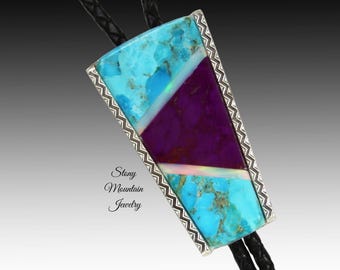 Turquoise Inlay Bolo Tie, Custom Designer Bolo Tie with Kingman Turquoise, Sugilite & Aurora Opal, One of a Kind Wedding Bolo Tie
