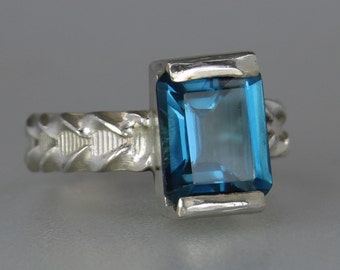 Genuine London Blue Topaz Ring, Contemporary Emerald Cut London Topaz Desinger Ring, Sterling Silver Blue Topaz Ring