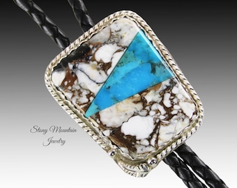 Custom Inlay Bolo Tie, Designer Bolo Tie with Matrix White Buffalo & Turquoise, One of a Kind Wedding Bolo Tie, Great Western Gift