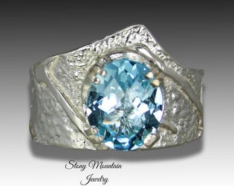 Blue Topaz Ring, Modern Sculptural Blue Topaz Designer Ring, Contemporary Handmade Anniversary Gift for Her, Unique Wide Band Wedding Ring