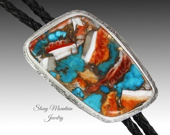 Spiny Oyster & Kingman Turquoise Bolo Tie for Men or Women, Large Custom Wedding Bolo Tie, Handcrafted Sterling Silver Western Bolo Ties