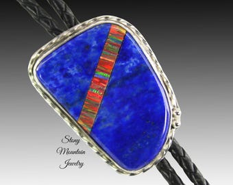 Custom Inlay Bolo Tie, Designer Bolo Tie Lapis Lazuli & Bello Opal, One of a Kind Wedding Bolo Tie, Fathers Day Gift