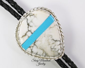 Unique Custom Wedding Bolo Tie Howlite & Turquoise Bolo Tie for Men or Women, Sterling Silver Wedding Bolo Tie, Similar to White Buffalo