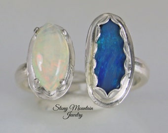 Australian Opal Ring, One of a Kind Handmade Blue Boulder Opal & White Opal Ring, Unique Sterling Silver Multi Stone Ring