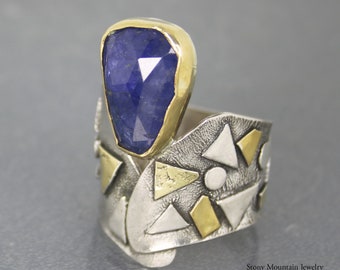 Modern Mixed Metal Ring, Contemporary Rose Cut Tanzanite Designer Ring, Unique One of a Kind Gemstone Cocktail Ring, Wide Statement Ring