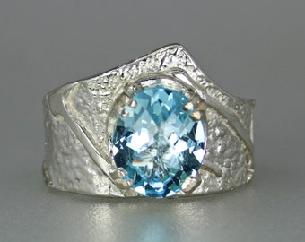 Genuine Blue Topaz Ring, Contemporary Sterling Silver Topaz Ring, Large Blue Topaz Designer Ring