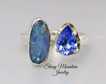 Australian Opal & Tanzanite Ring, One of a Kind Handmade Blue Opal Ring, Unique Sterling Silver Multi Stone Ring