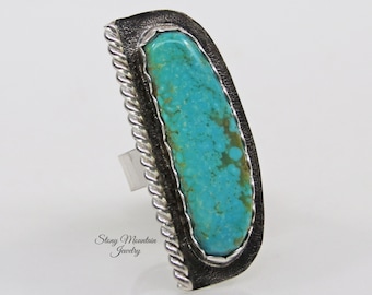 Large Turquoise Ring, Handmade Modern Sonoran Turquoise Ring, Sterling Silver Wide Band Statement Ring