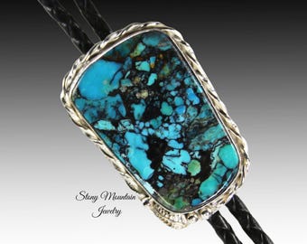 Mohave Blue Turquoise Bolo Tie, Custom Handcrafted Wedding Bolo Tie, Kingman Turquoise Matrix Stone Bolo Tie for Men or Women