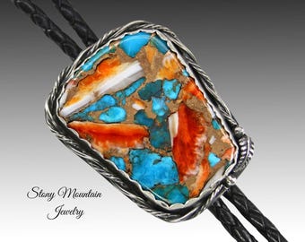 Turquoise Bolo Tie, Custom Handcrafted Wedding Bolo Tie, Kingman Turquoise & Spiny Oyster Stone Bolo Tie for Men or Women, Fathers Day Gift
