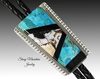 Turquoise Inlay Bolo Tie, Custom Designer Bolo Tie with White Buffalo Matrix, Kingman Turquoise & Black Jade, One of a Kind Wedding Bolo Tie