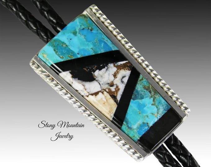 Featured listing image: Turquoise Inlay Bolo Tie, Custom Designer Bolo Tie with White Buffalo Matrix, Kingman Turquoise & Black Jade, One of a Kind Wedding Bolo Tie