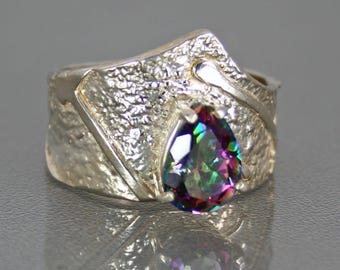 Mystic Topaz Ring, Modern Mystic Fire Topaz Designer Ring, Contemporary Handmade Anniversary Gift for Her, Unique Wide Band Ring Size 8