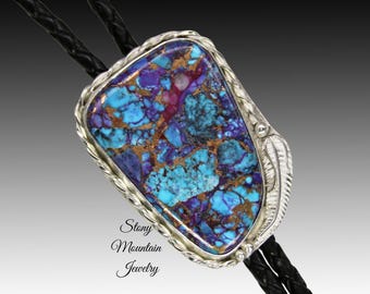 Mohave Purple Turquoise Bolo Tie in Sterling Silver, Modern Western Wedding Bolo Tie, Custom Designed, The Feather Collection
