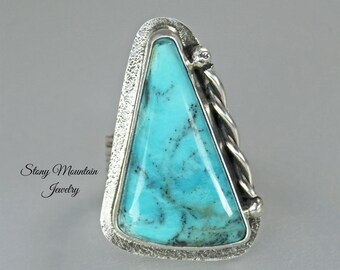 Kingman Turquoise Ring, Large Turquoise Ring, Handmade Modern Sterling Silver Wide Band Turquoise Statement Ring