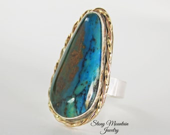 Peruvian Opal Ring, Handmade Modern Sterling Silver & 14kt Gold Fill Blue Peruvian Opal Cocktail Ring