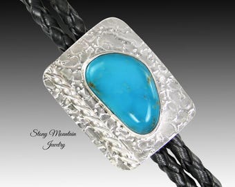 Turquoise Bolo Tie, One of a Kind Custom Wedding Bolo Tie, Small Handcrafted Pinto Valley Turquoise Sterling Silver Bolo Tie for Men & Women