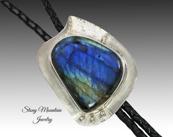 Unique Designer Bolo Tie, Flashy Labradorite Bolo Tie for Men or Women, Custom Wedding Bolo Tie, Sterling Silver Bolo Tie, Fathers Day Gift
