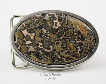 Unique Belt Buckle Leopard Skin Jasper Designer Belt Buckle, Handmade Modern Oval Belt Buckle for Men or Women