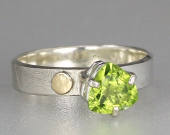 Genuine Peridot Ring, Handmade Peridot Mixed Metal Ring, Unique Contemporary Silver & Gold Peridot Ring