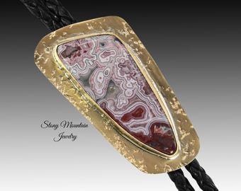 Handcrafted Custom Bolo Tie, Unique Brass Wedding Bolo Tie, Crazy Lace Agate Tie for Men or Women, Fathers Day Gift