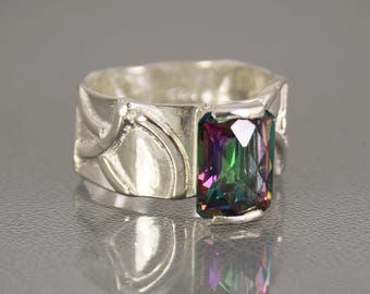 Mystic Topaz Ring, Modern Mystic Fire Topaz Designer Ring, Contemporary Handmade Anniversary Gift for Her, Unique Wide Band Wedding Ring