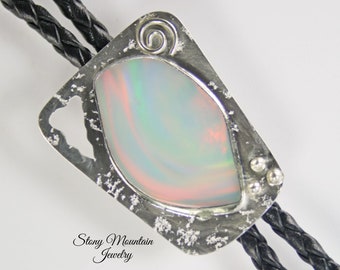 Unique Handmade Bolo Tie Aurora Opal Bolo Tie, Sterling Silver Custom Bolo Ties for Men or Women, Wedding Bolo Tie, Created Opal