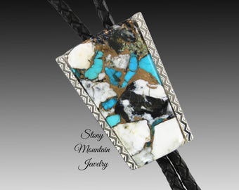 White Buffalo & Kingman Turquoise Bolo Tie in Sterling Silver, Custom Handcrafted Wedding Bolo Tie, Contemporary Modern Western Tie