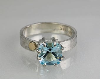 Blue Topaz Ring, Modern Mixed Metal Blue Topaz Designer Ring, Contemporary Handmade Anniversary Gift for Her, Unique Wedding Ring