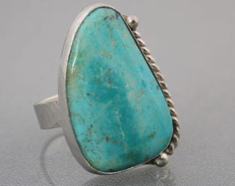 Kingman Turquoise Ring, Artistic Handmade Large Turquoise Ring, Modern Sterling Silver Wide Band Turquoise Cocktail Ring
