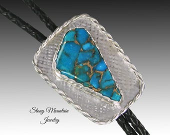 Mohave Blue Turquoise Bolo Tie, Custom Handcrafted Wedding Bolo Tie, Kingman Turquoise & Bronze Stone Bolo Tie Gift for Men or Women