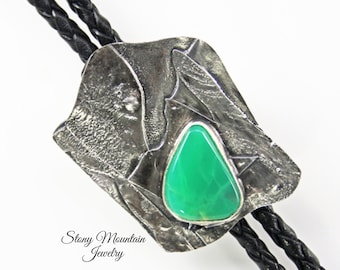 Sterling Silver Bolo Tie, Modern One of a Kind Chrysoprase Designer Bolo Tie, Unique Custom Sculptural Bolo Tie for Men and Women