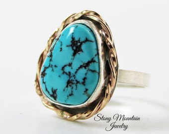 Sleeping Beauty Turquoise Ring, Handmade Modern Sterling Silver & 14kt Gold Fill Turquoise Statement Ring